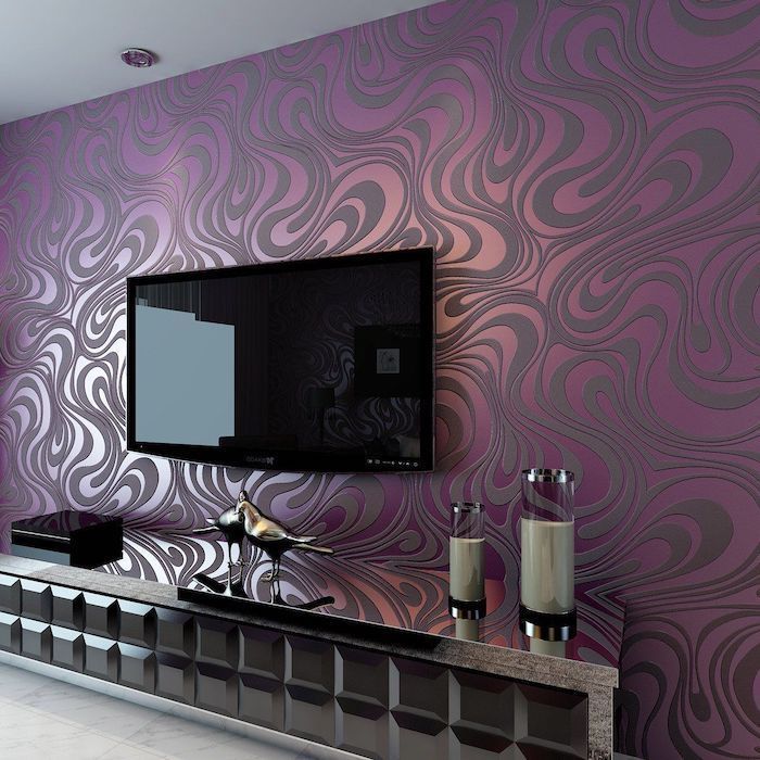 purple and grey patterned wallpaper, feature wall, wooden and glass cabinet