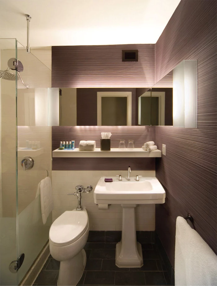 purple tiled walls, black tiled floor, bathroom ideas for small bathrooms, floating white shelf