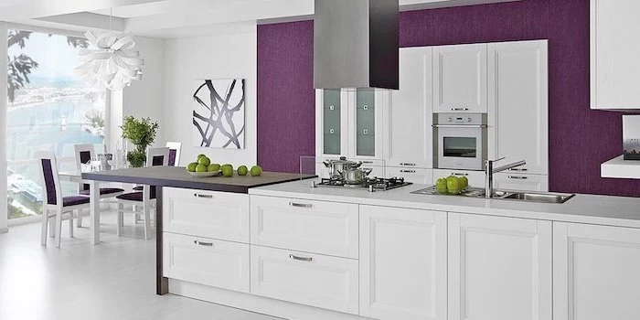 purple walls, purple chairs, white kitchen island, kitchen cabinets pictures, white wooden floor