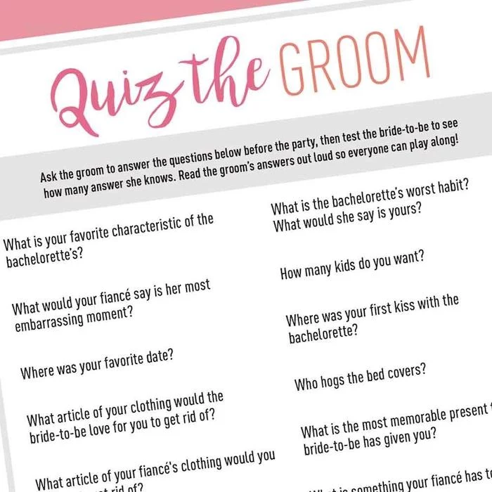 quiz the groom game, what is a bachelorette party