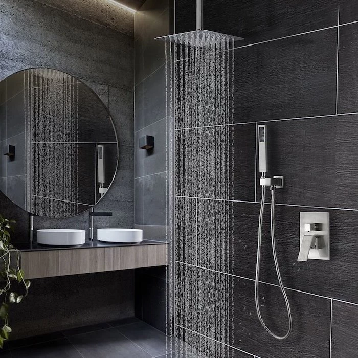rain shower head, grey and black tiled walls and floor, bathroom designs for small spaces, floating wooden cabinet