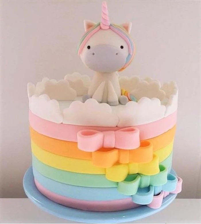small unicorn with a pink horn, how to make a unicorn, rainbow coloured bows, white clouds
