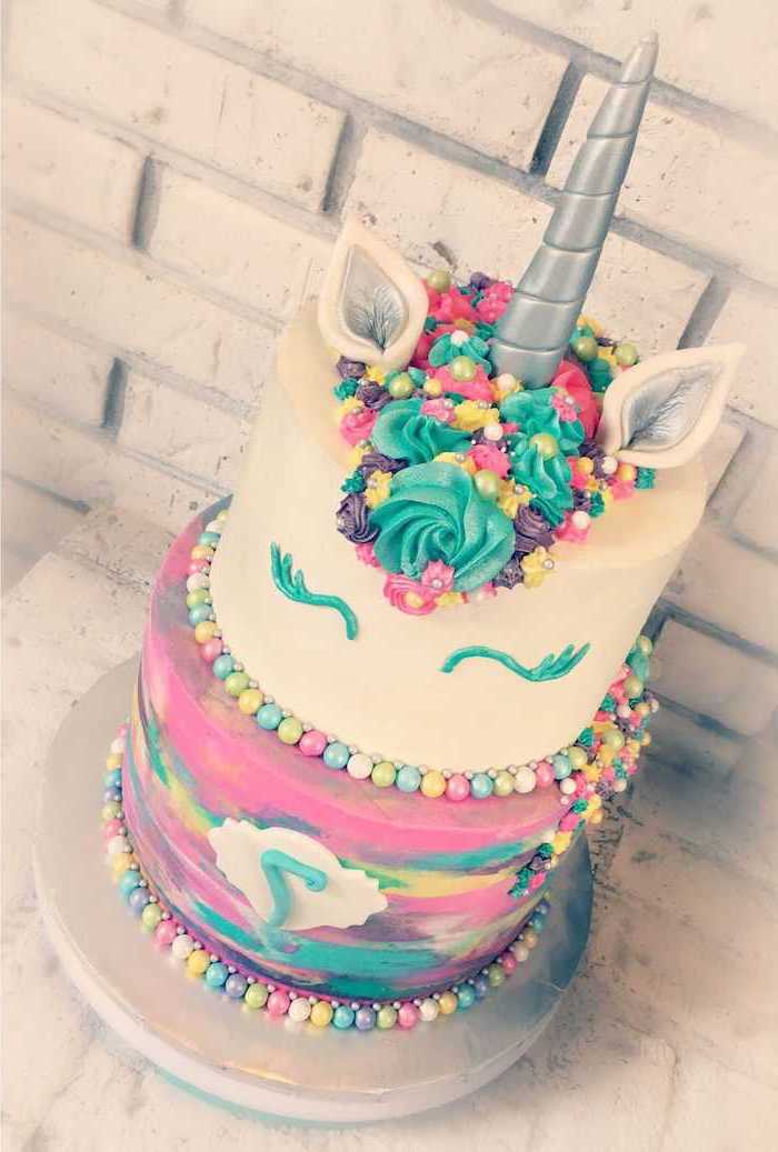 silver horn, how to make a unicorn, purple yellow and green roses on white fondant, rainbow coloured layer