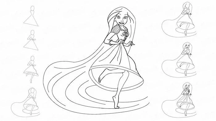 drawing of rapunzel, long hair and dress, how to draw a face, step by step tutorial