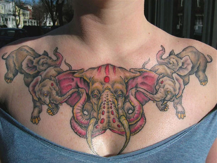 four small elephants, one large red elephant head, tattoos for girls with meaning, blue top