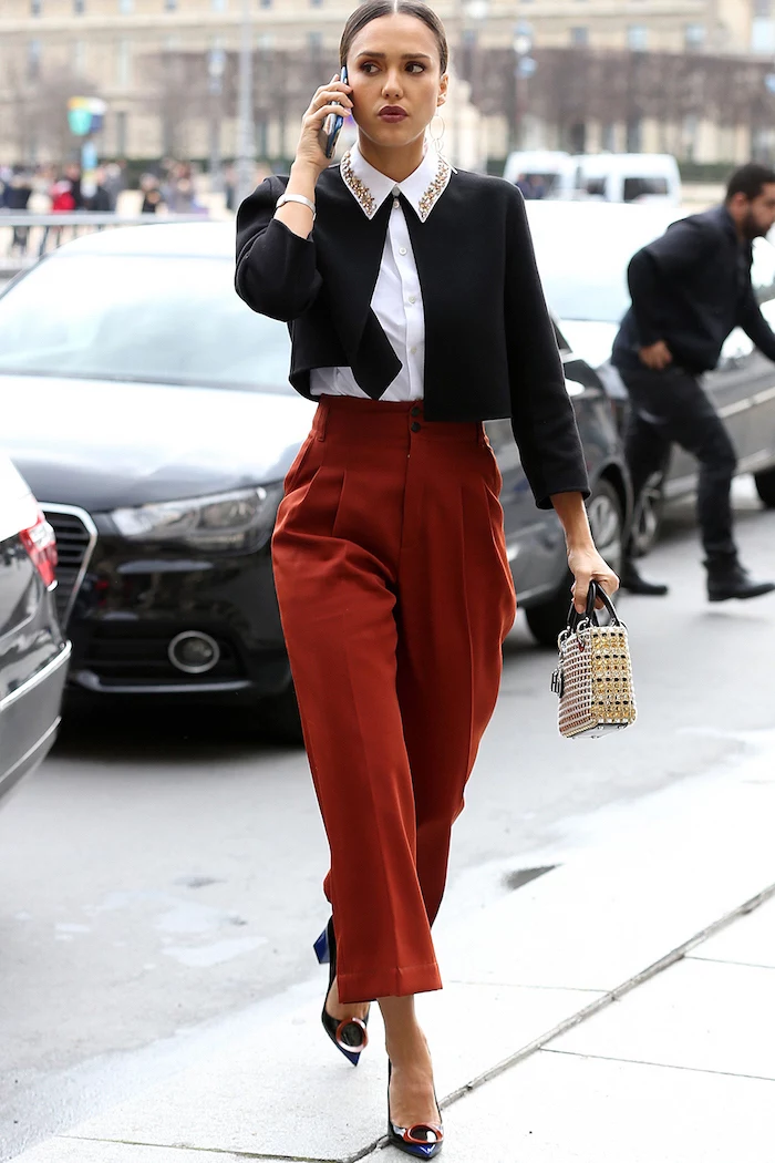 dark red high waist trousers, white shirt, what is casual dress, black cardigan, black and red shoes