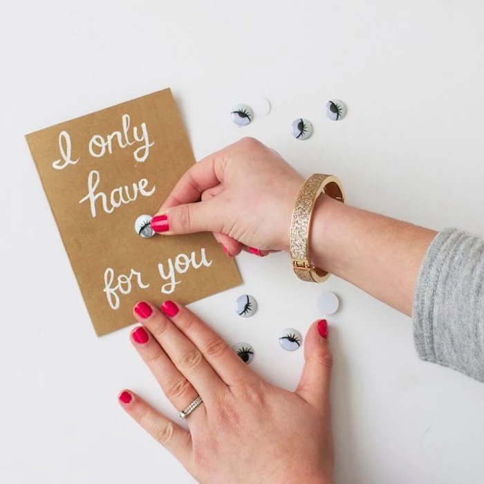 googly eyes, handmade card with a message, i only have eyes for you, white paint, cute gifts for boyfriend