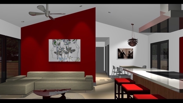 red geometrical wall with a painting, beige corner sofa, accent wall ideas bedroom, red bar stools