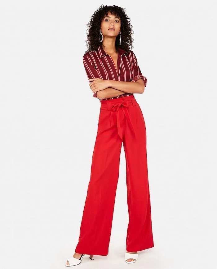 dark red striped shirt, red wide fit trousers, business casual for women, white open toe heels 