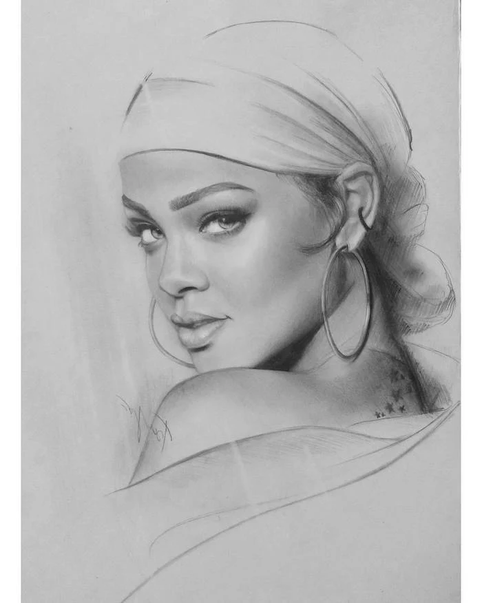 rihanna drawing, black and white sketch, large hoops earrings, how to draw a girl face