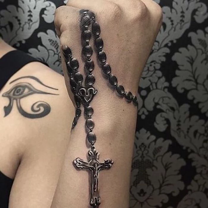 rosary hand and wrist tattoo, small tattoos with meaning, black and grey background wallpaper