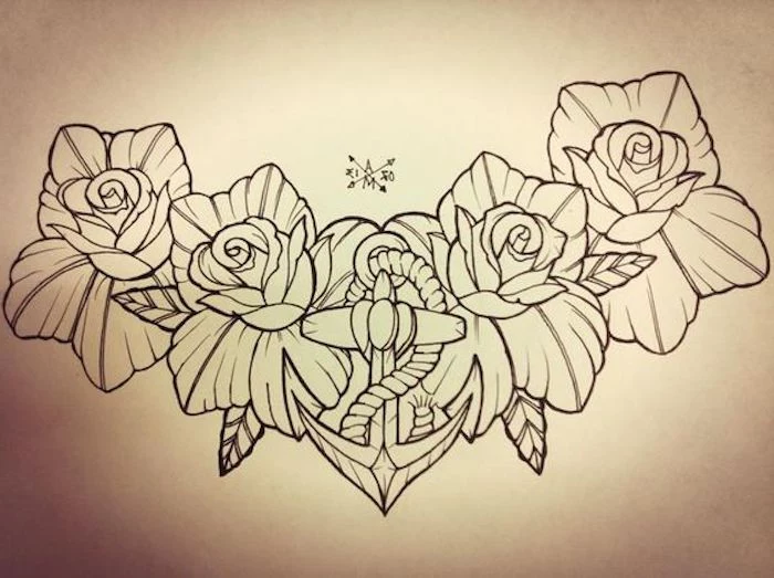 roses and an anchor, black and white drawing, tattoos for girls on hand, white background