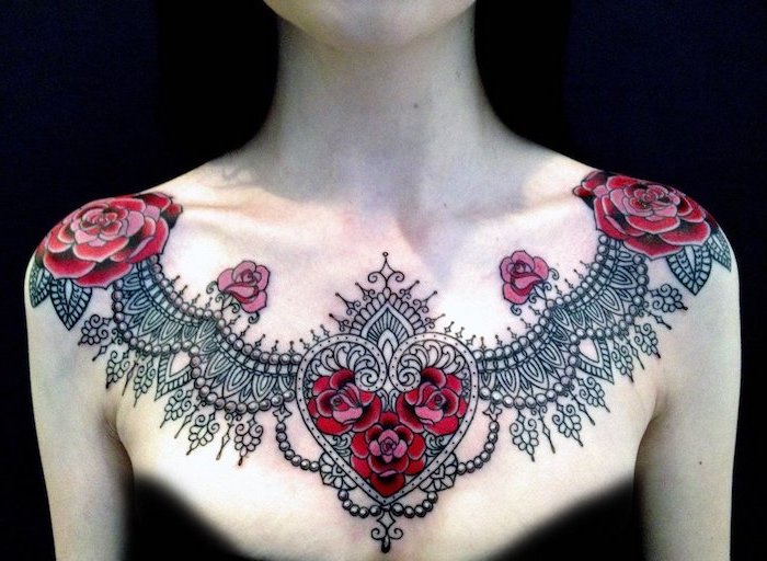 black top and background, unique tattoos for women, large symmetrical heart shaped roses