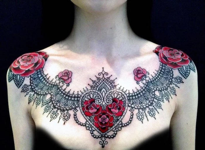 black top and background, unique tattoos for women, large symmetrical heart shaped roses
