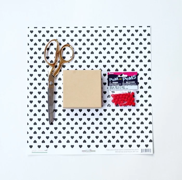 gold scissors, cardboard box, black-hearted printed paper, diy gifts for boyfriend