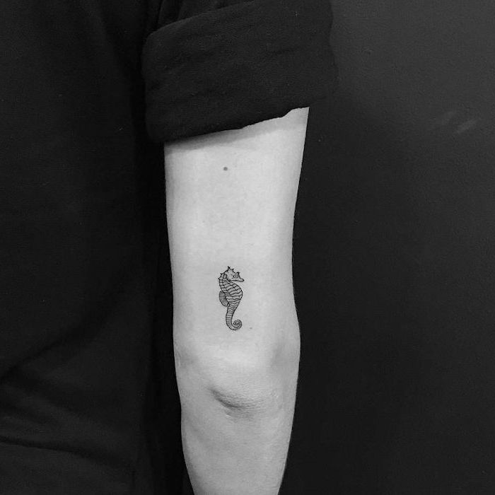 seahorse tattoo above the elbow, arm tattoos for girls, black background