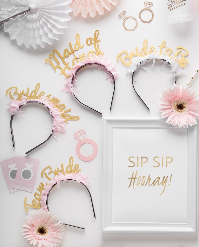 pink and black diadems, sip sip hooray photo frame, bachelorette ideas, white background