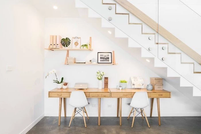 wooden desks with drawers, white chairs, small home office desk, wooden bookshelf, wooden staircase