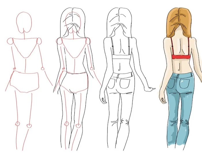 step by step tutorial, sketch of a female body, how to draw a face, white background