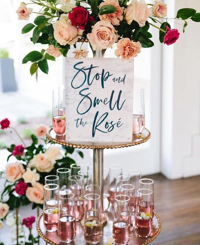 stop and smell the rose, bachelorette party games, cake stand, champagne flutes