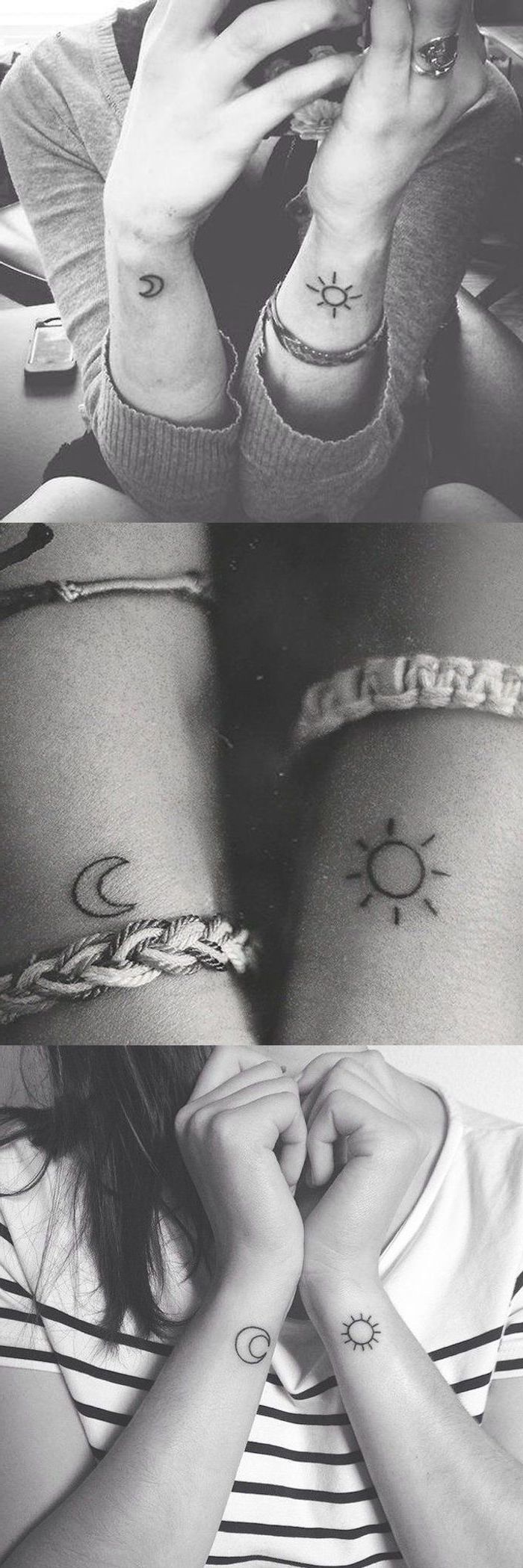 sun and moon tattoos on the wrists, arm tattoos for girls, bracelets on the wrists