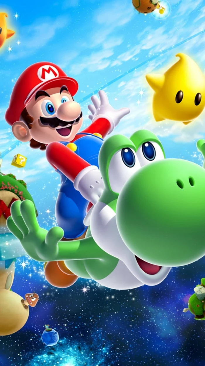 super mario bros, simple iphone wallpaper, blue starry sky, red hat, green animated frog
