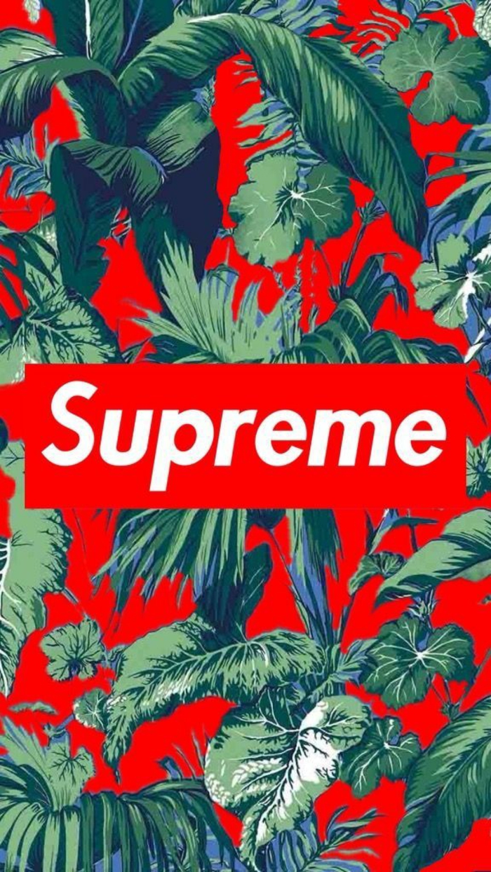 supreme logo, red background, simple iphone wallpaper, green leaves