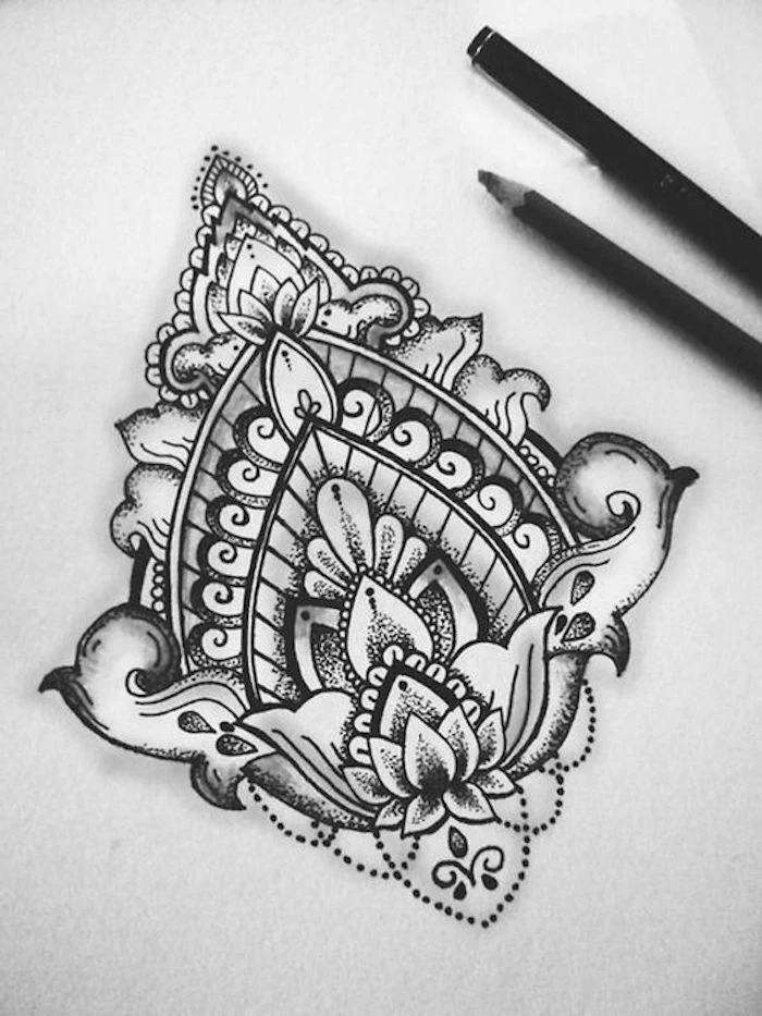 symmetrical lotus flowers drawing, tattoos for girls on hand, black and white sketch, black pencils