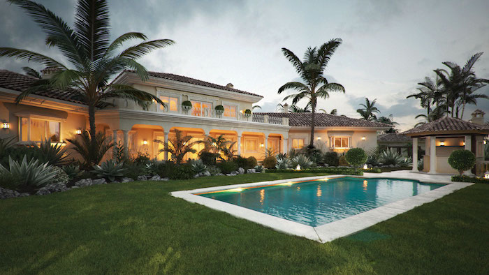 large patch of grass, tall palm trees, a patch of small bushes, backyard landscaping ideas, pool with lights in the middle