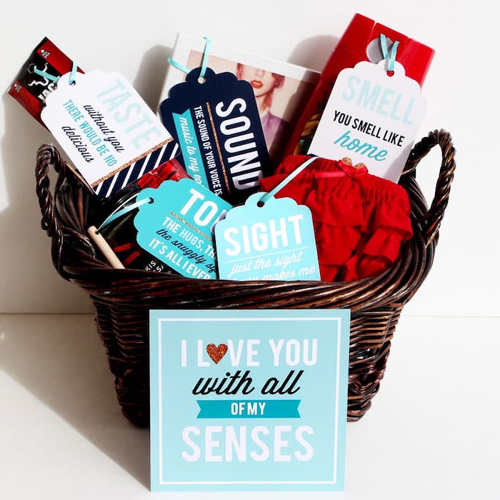 gift basket with taste sound smell touch sight, i love you with all of my senses, valentine's day gift ideas for boyfriend