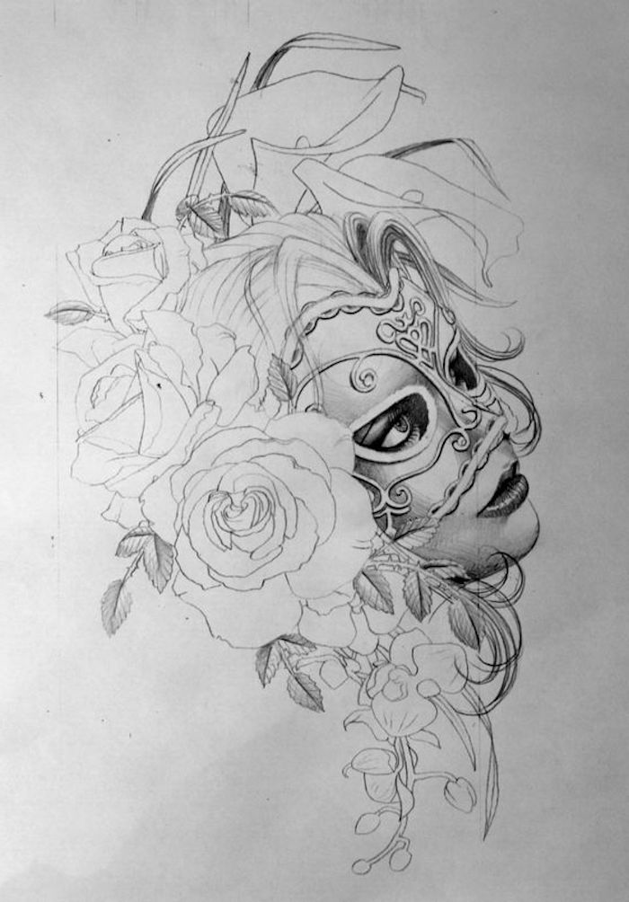 female face with a mask, tattoos for girls on hand, roses and flowers, white background