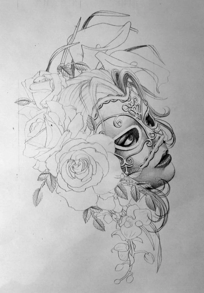 female face with a mask, tattoos for girls on hand, roses and flowers, white background