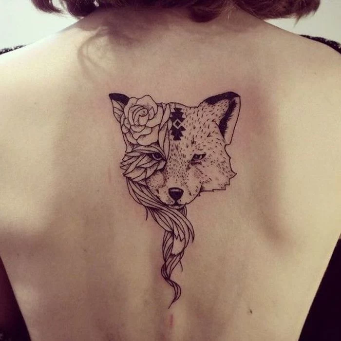 wolf head with roses, back tattoo, meaningful tattoo ideas, white background, black top, unique hidden meaning tattoos