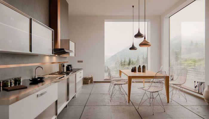 wooden dining table, white kitchen cabinets and drawers, grey counters, kitchen cabinets pictures, grey tiled floor
