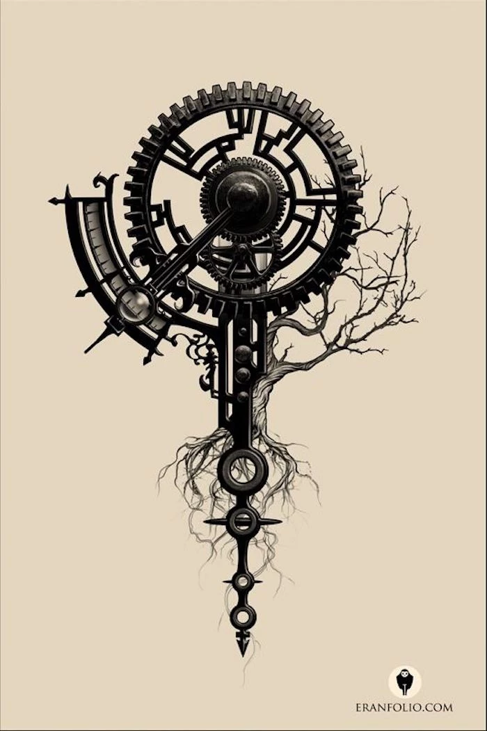 time mechanism, tree drawing, black and white sketch, meaningful tattoo ideas