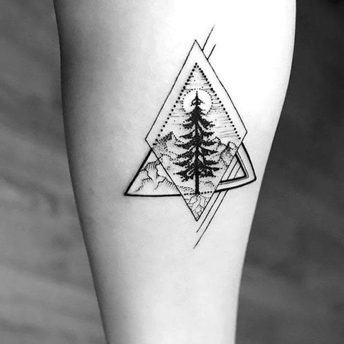 triangle shapes, trees and mountains, blurred background, tattoo motifs
