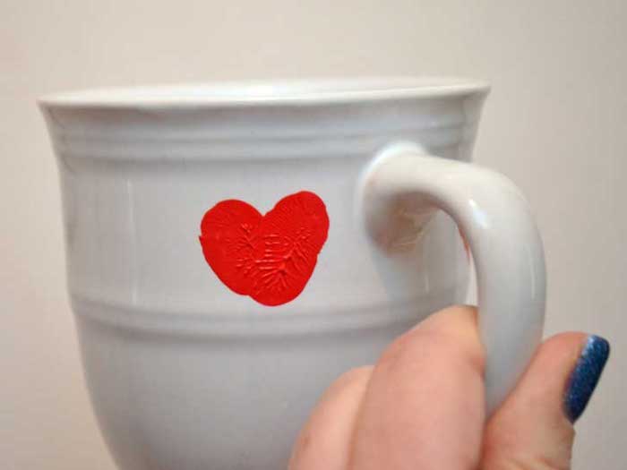 white mug, red heart shaped thumbprint, valentine's day gifts for boyfriend