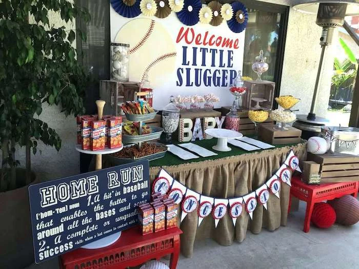 welcome little slugger banner, baseball themed decorations, baby shower ideas for boys, concessions on the table