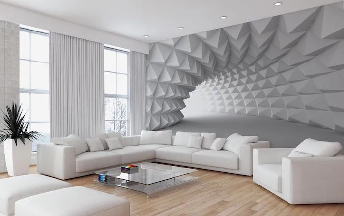 wooden floor, blue accent wall, white tunnel 3d wallpaper, white corner sofa and armchair