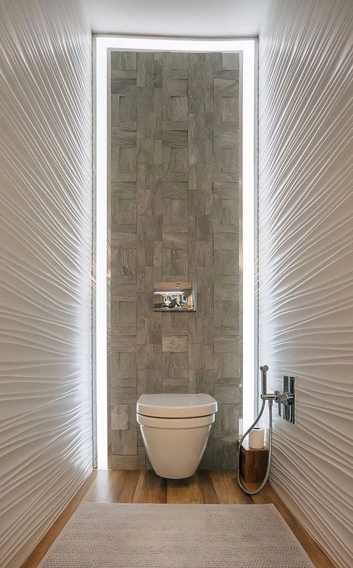 stone tiled wall, led lights, small bathroom decorating ideas, wooden floor, white 3d walls