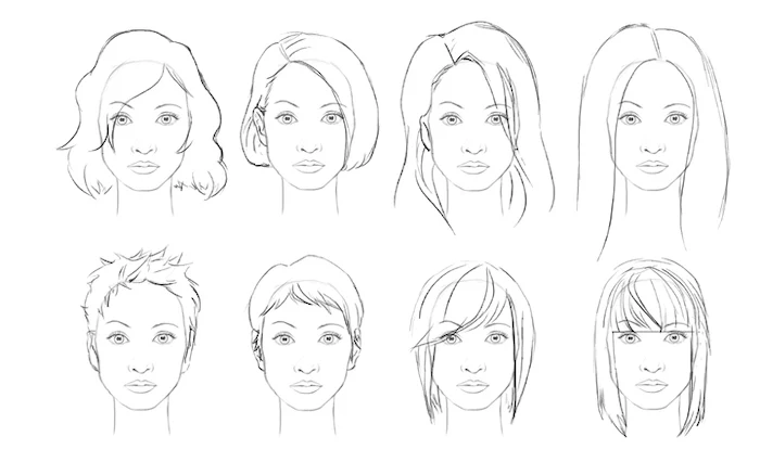 black sketch, white background, different female hairstyles, how to draw a face step by step