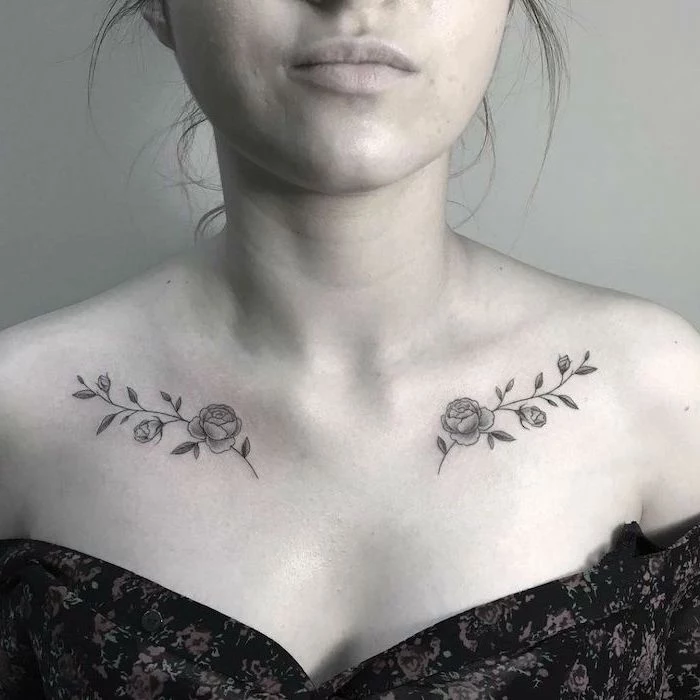 small rose branches on both shoulders, floral top, grey background, chest tattoos for females