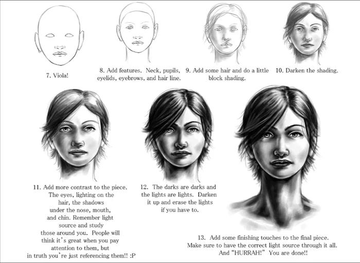 how to draw a girl, black and white sketch, female face with short hair