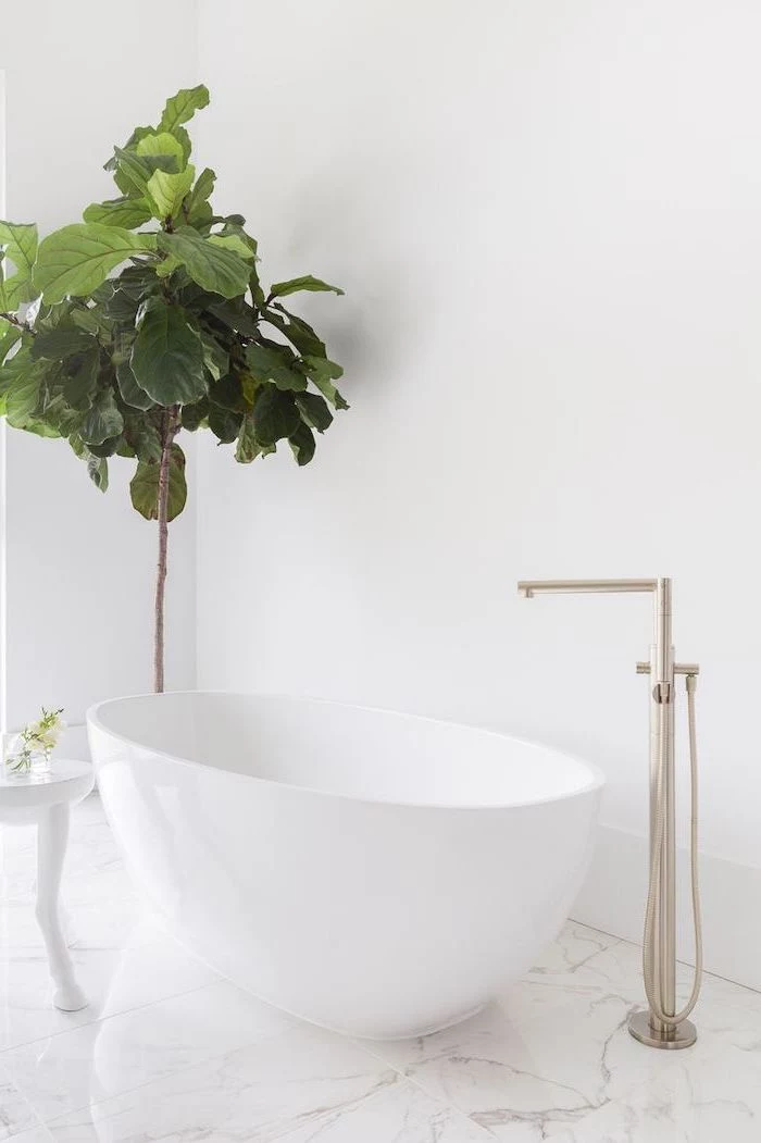 white wall, marble floor, white bathtub, metal water tap, bathroom ideas for small bathrooms