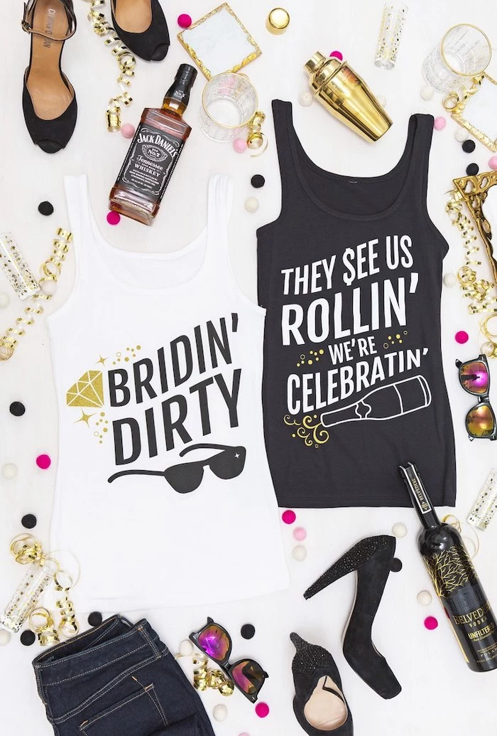 white bridin party top, black they see us rollin we celebratin top, bachelorette shirt ideas, shoes and alcohol around
