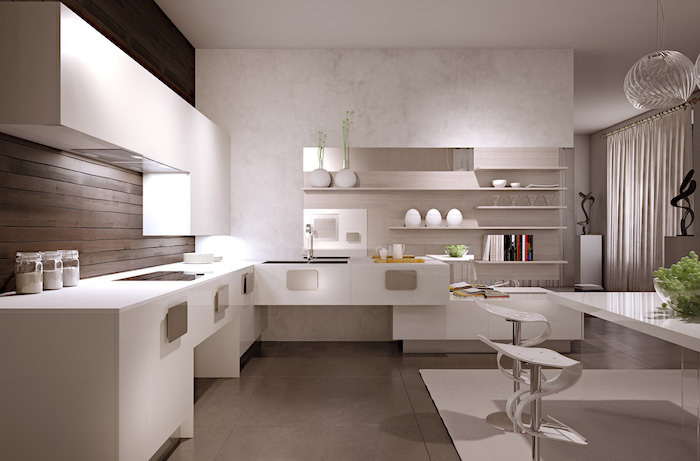 white marble wall, white cabinets and counters, grey floor, kitchen cabinets pictures, wooden backsplash