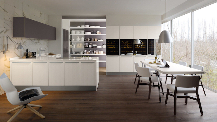 kitchen renovation, marble tiled wall, white cabinets and dining table, grey cabinets and chairs