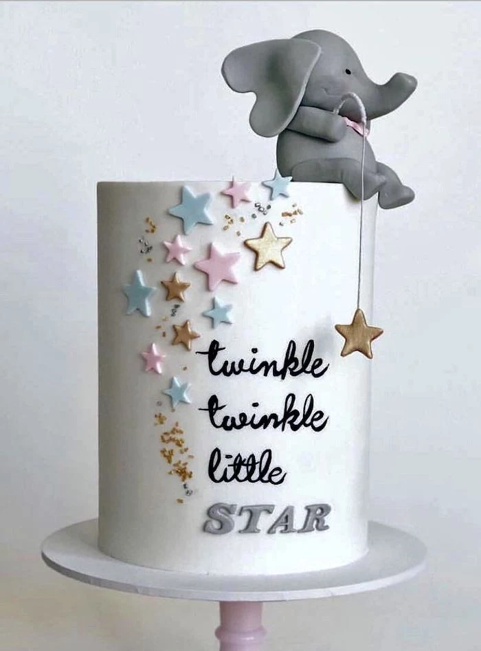 twinkle little star, pink blue and gold stars, unique baby shower themes, small grey elephant