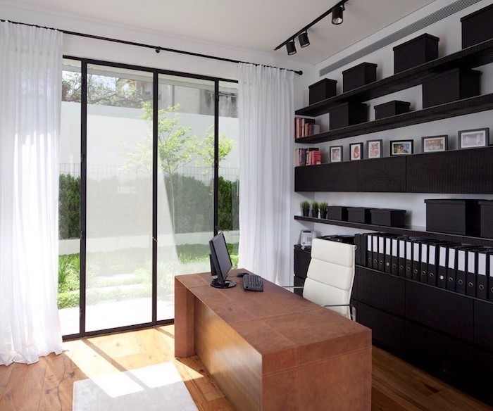 black shelves and cupboards, wooden desk, office design ideas, white leather chair, desktop computer