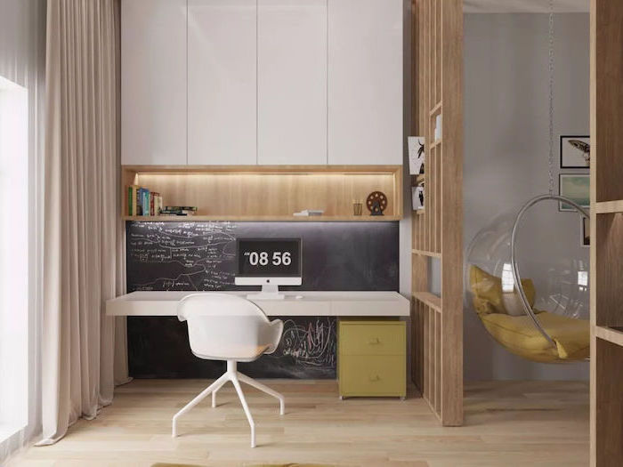 chalk wall, white cabinets and desk, wooden bookshelf, small home office desk, white mesh chair, green drawers